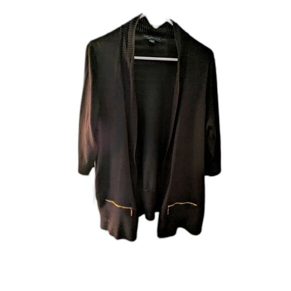 Joan Vass New York Cardigan Womens sz 1X Black Open Gold Zippers Classiccore 3/4 - Picture 1 of 10